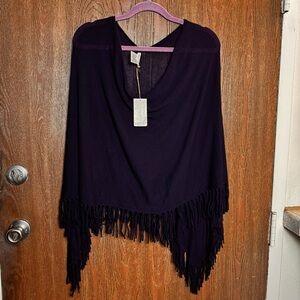 Mini Rose Navy Fringe Poncho Wrap — 100% Cotton, One Size